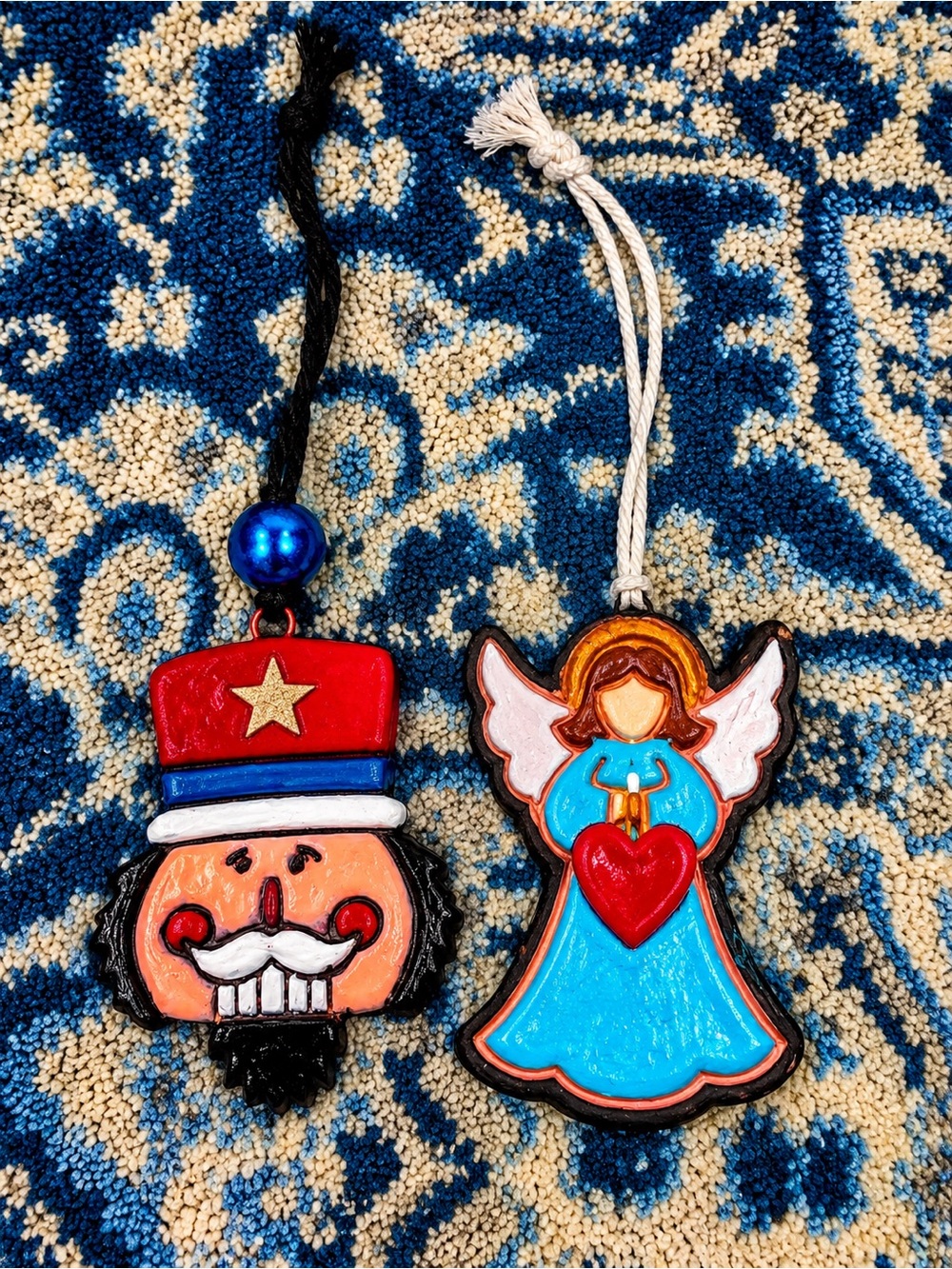 Red Nutcracker & Blue Angel Kids Hanging Ornaments